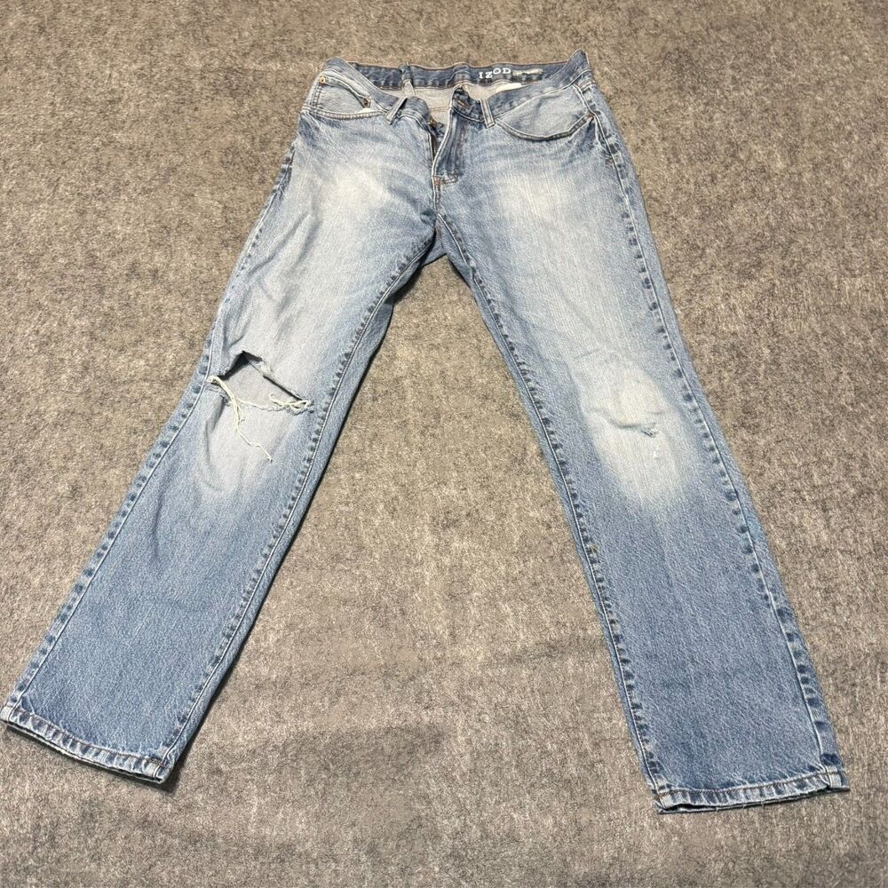 Izod Mens Jeans Size 34X32 Blue Ripped Slim Straight Fit Distressed
